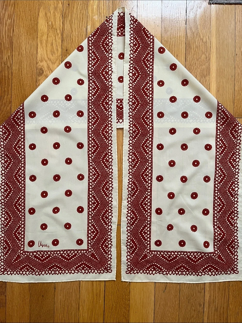 70s Vintage Vera Long Scarf Rust Red Brown & Cream Hand Rolled Headscarf